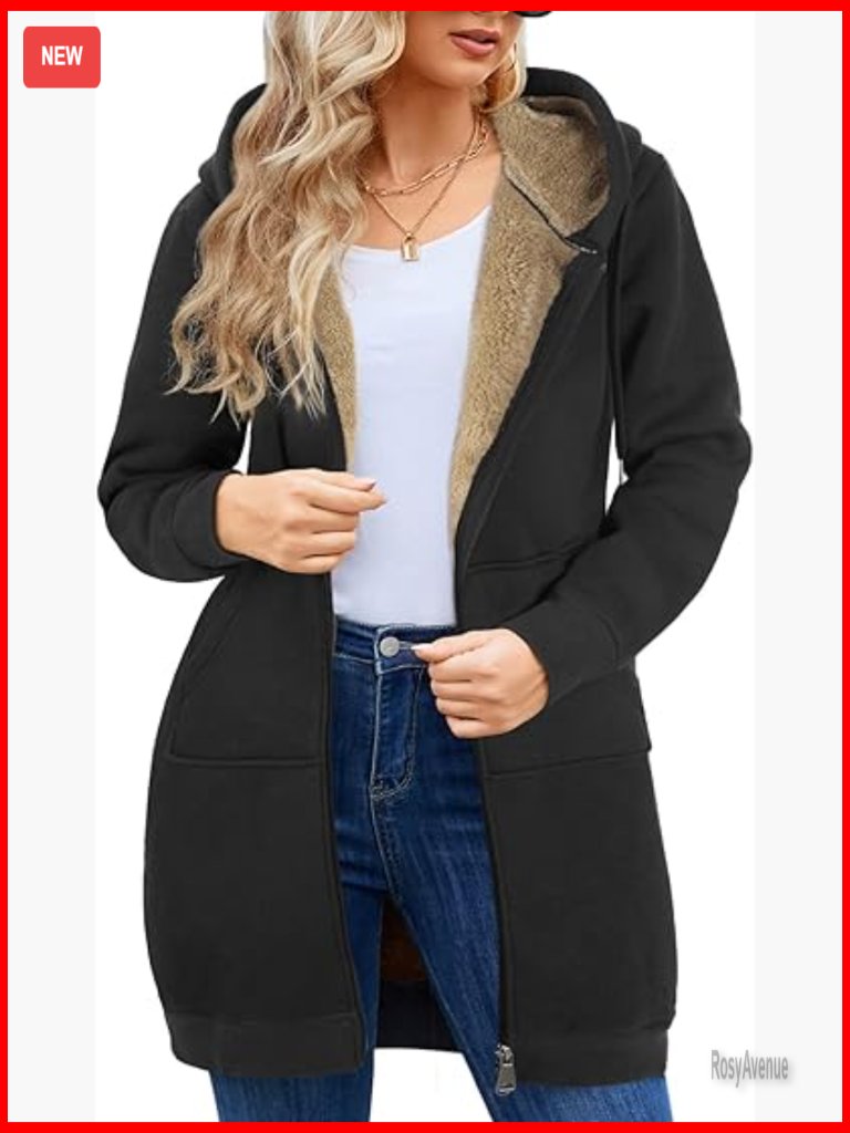 Plus Size Zip Up Hoodie Long Tunic Fleece Jacket Winter Coat